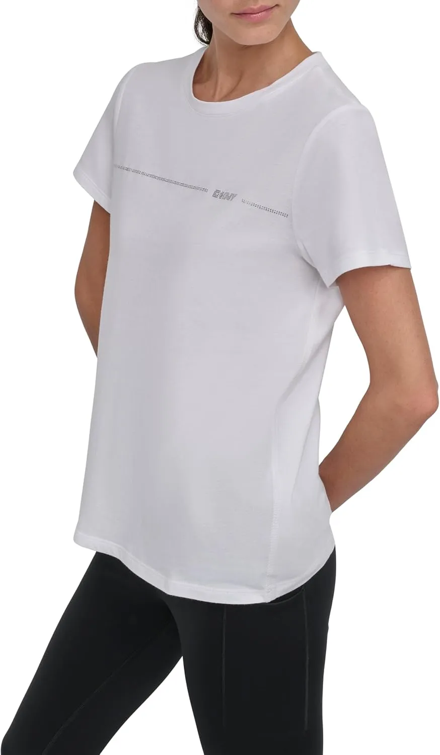 DKNY womens Rhinestone Stripe Logo Short Sleeve T-shirt