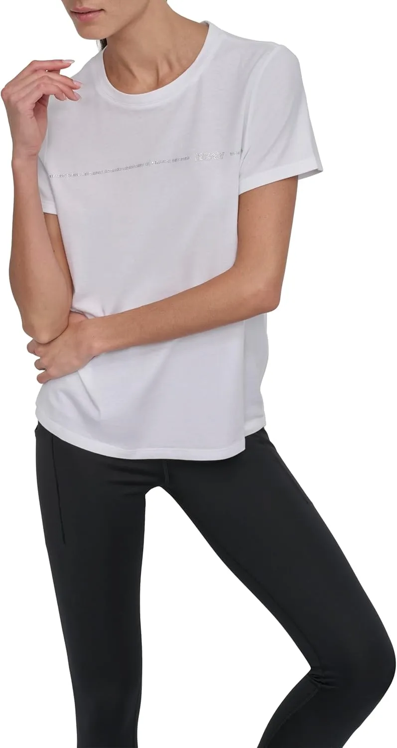 DKNY womens Rhinestone Stripe Logo Short Sleeve T-shirt