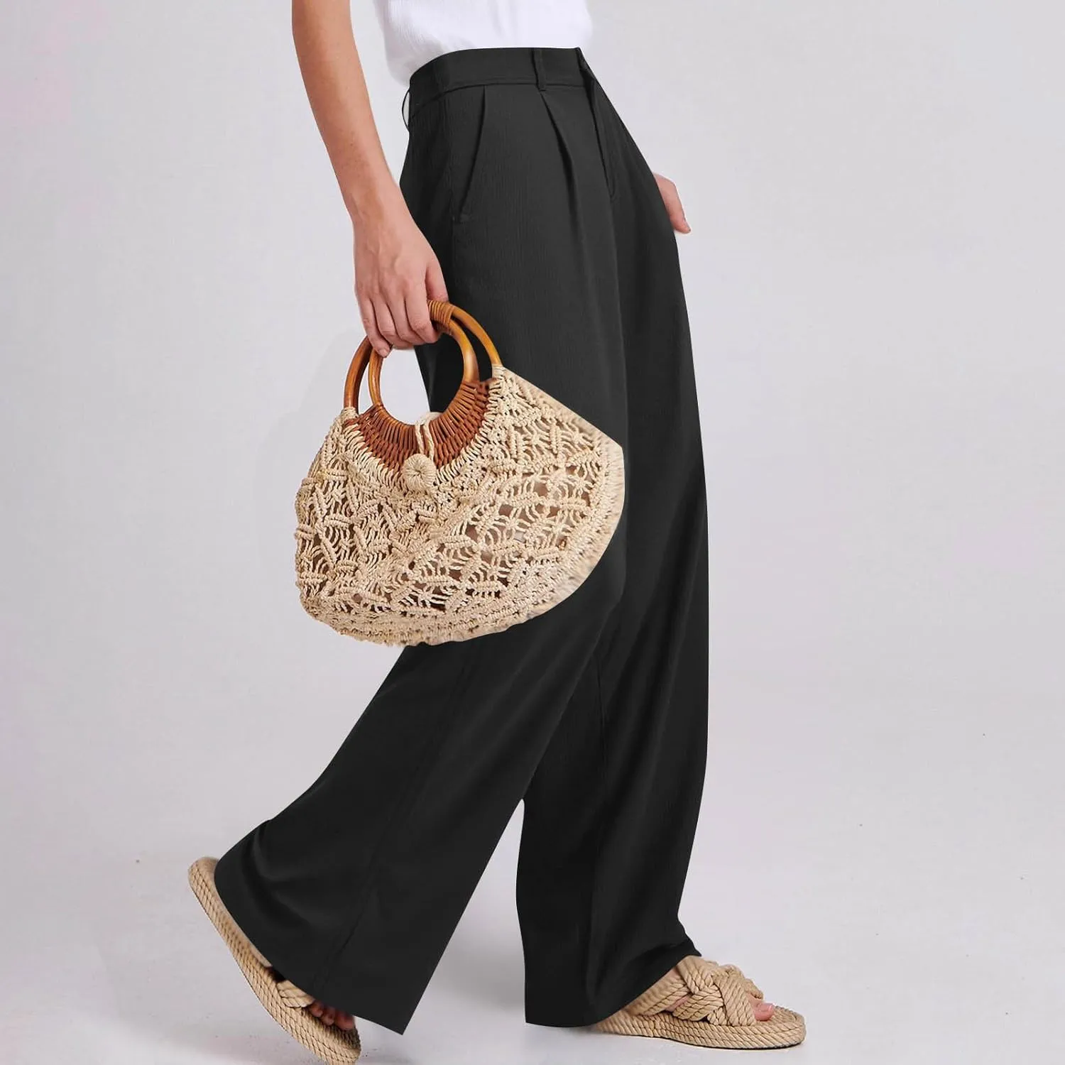 Dress Pants for Women 2025 Summer Casual Suit Pants Elastic Waist Wide Leg Trousers Button Up Zipper Wear to Work Trousers