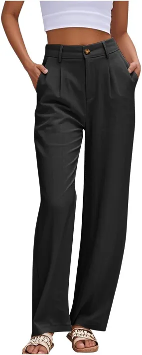 Dress Pants for Women 2025 Summer Casual Suit Pants Elastic Waist Wide Leg Trousers Button Up Zipper Wear to Work Trousers