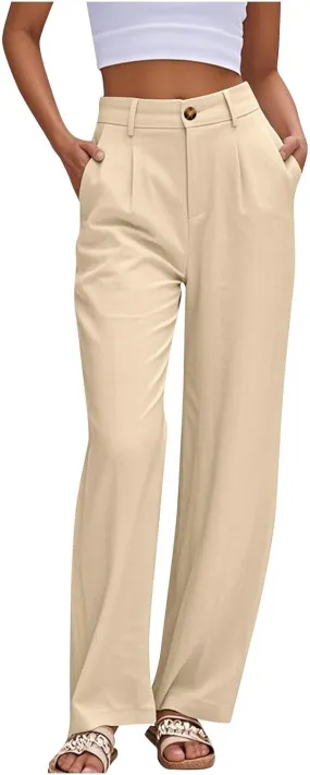Dress Pants for Women 2025 Summer Casual Suit Pants Elastic Waist Wide Leg Trousers Button Up Zipper Wear to Work Trousers