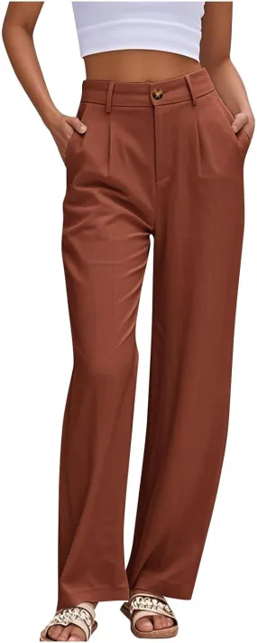 Dress Pants for Women 2025 Summer Casual Suit Pants Elastic Waist Wide Leg Trousers Button Up Zipper Wear to Work Trousers