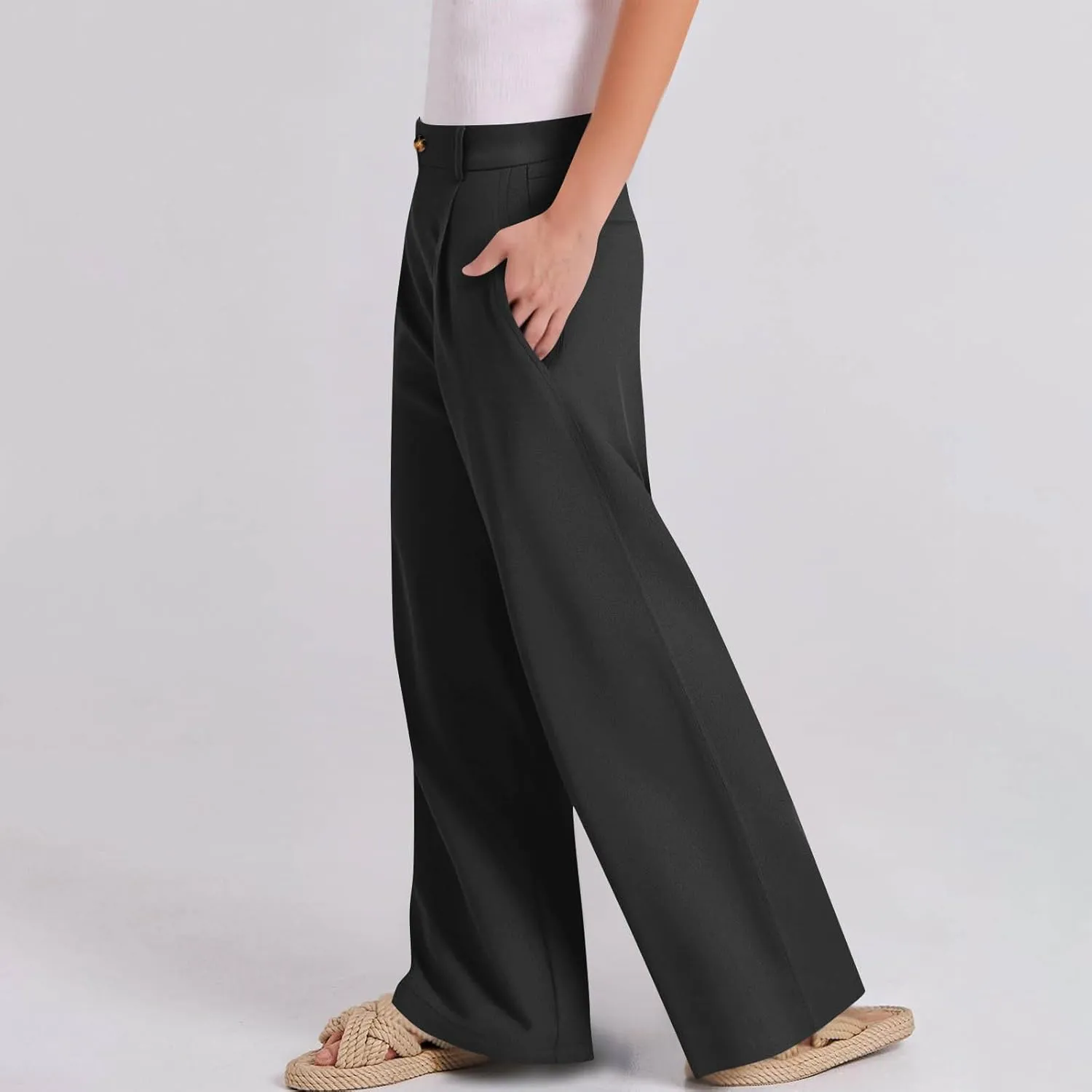 Dress Pants for Women 2025 Summer Casual Suit Pants Elastic Waist Wide Leg Trousers Button Up Zipper Wear to Work Trousers