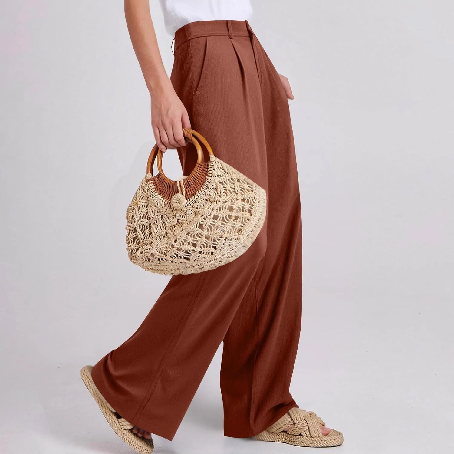 Dress Pants for Women 2025 Summer Casual Suit Pants Elastic Waist Wide Leg Trousers Button Up Zipper Wear to Work Trousers