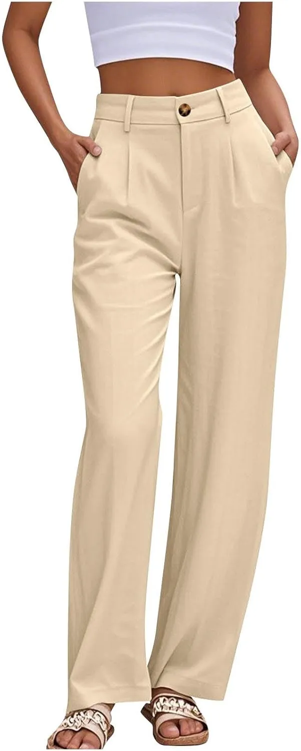 Dress Pants for Women 2025 Summer Casual Suit Pants Elastic Waist Wide Leg Trousers Button Up Zipper Wear to Work Trousers