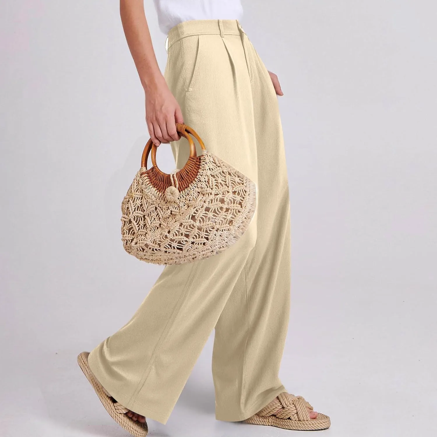 Dress Pants for Women 2025 Summer Casual Suit Pants Elastic Waist Wide Leg Trousers Button Up Zipper Wear to Work Trousers