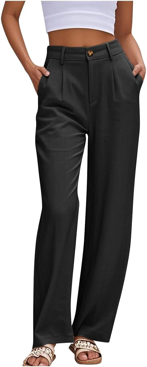 Dress Pants for Women 2025 Summer Casual Suit Pants Elastic Waist Wide Leg Trousers Button Up Zipper Wear to Work Trousers