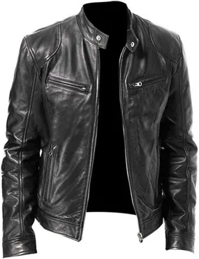 DuDubaby Men Vintage Cool Jacket Leather Long Sleeve Autumn Winter Stand Collar Club Coat
