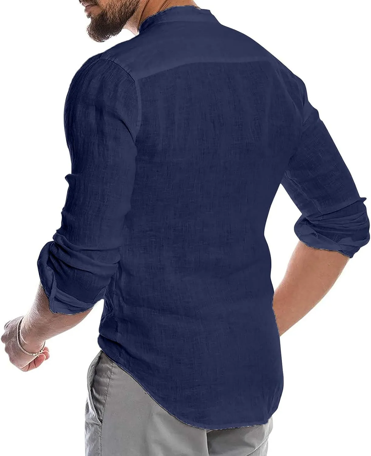 DuDubaby Running Shirt for Mens Linen Long Sleeved Casual Shirt Collarless Standing Collar Summer Top