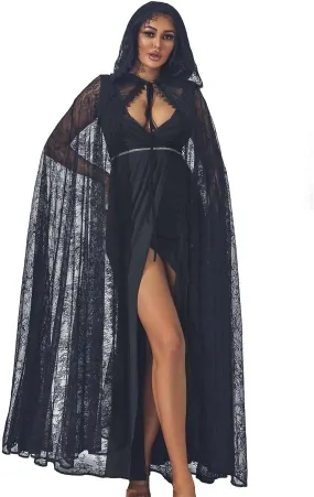 EASEDAILY Lace Hooded Cloak Black Long Cape Gothic Halloween Costume Cosplay Party Witch Robe for Women and Girls