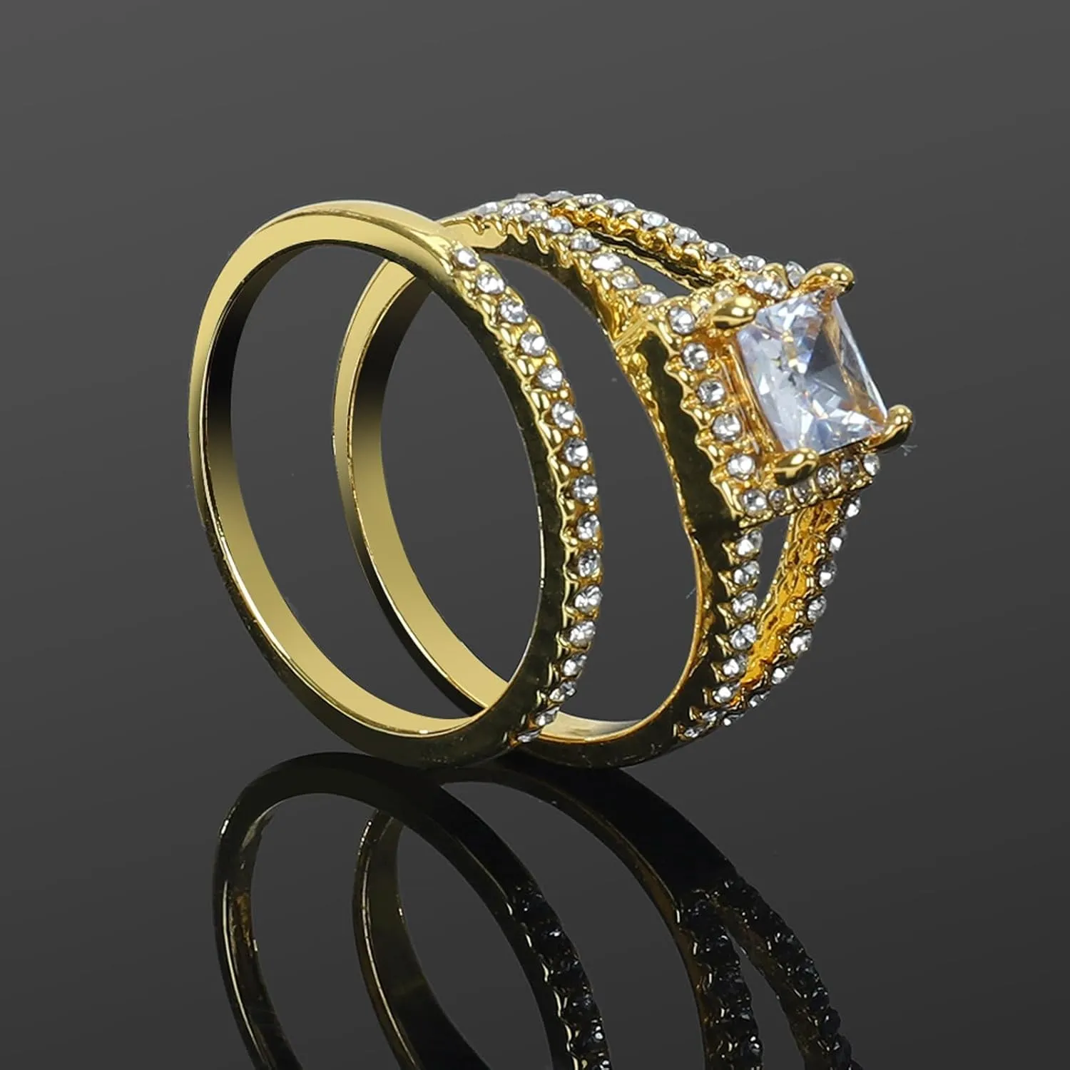 Engagement Wedding Bands Sets for Women,Promise Rings for Couple Classic Gold Plated Gemstone Inlaid Cubic Zirconia Rings