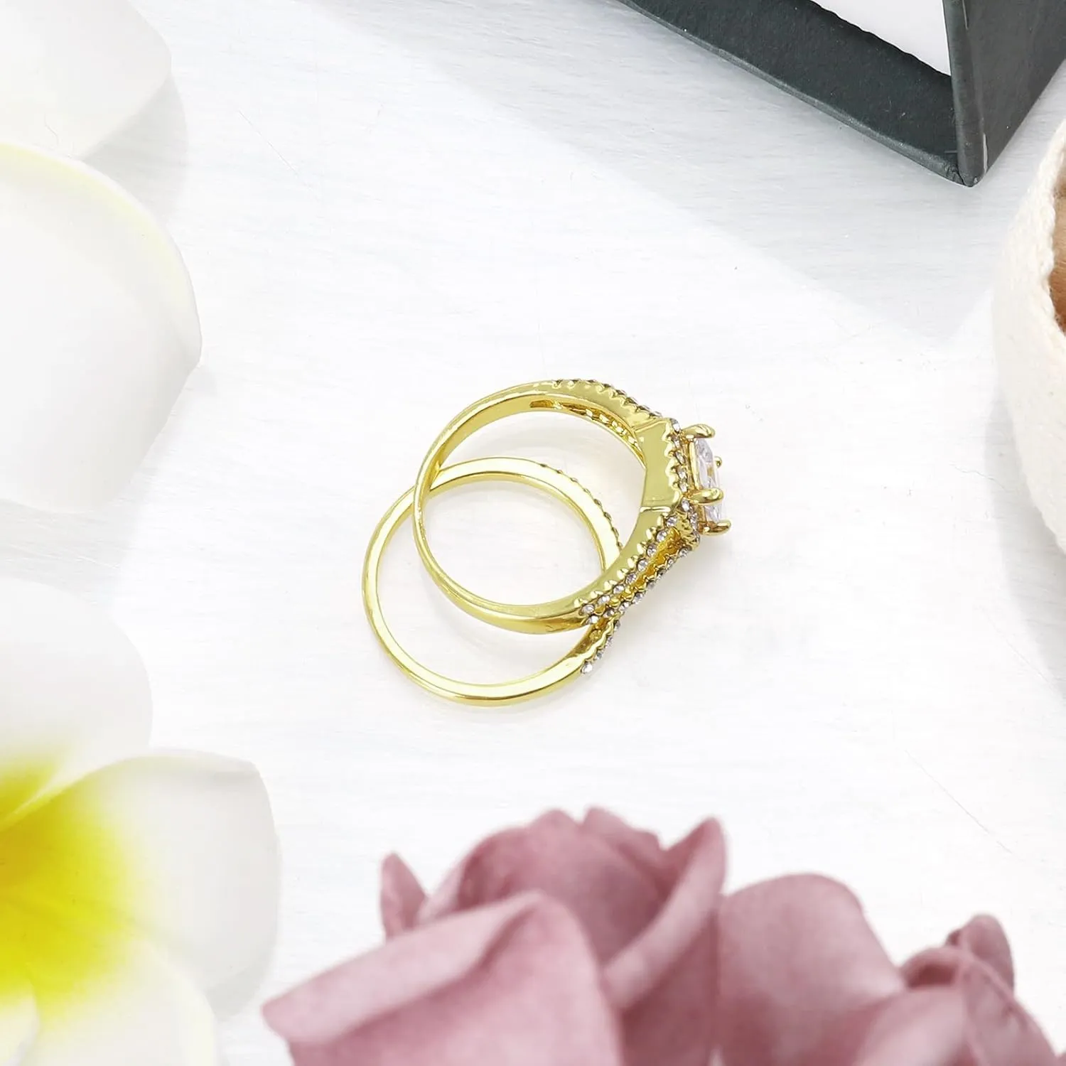 Engagement Wedding Bands Sets for Women,Promise Rings for Couple Classic Gold Plated Gemstone Inlaid Cubic Zirconia Rings
