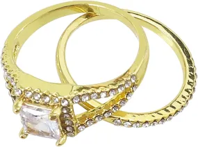Engagement Wedding Bands Sets for Women,Promise Rings for Couple Classic Gold Plated Gemstone Inlaid Cubic Zirconia Rings