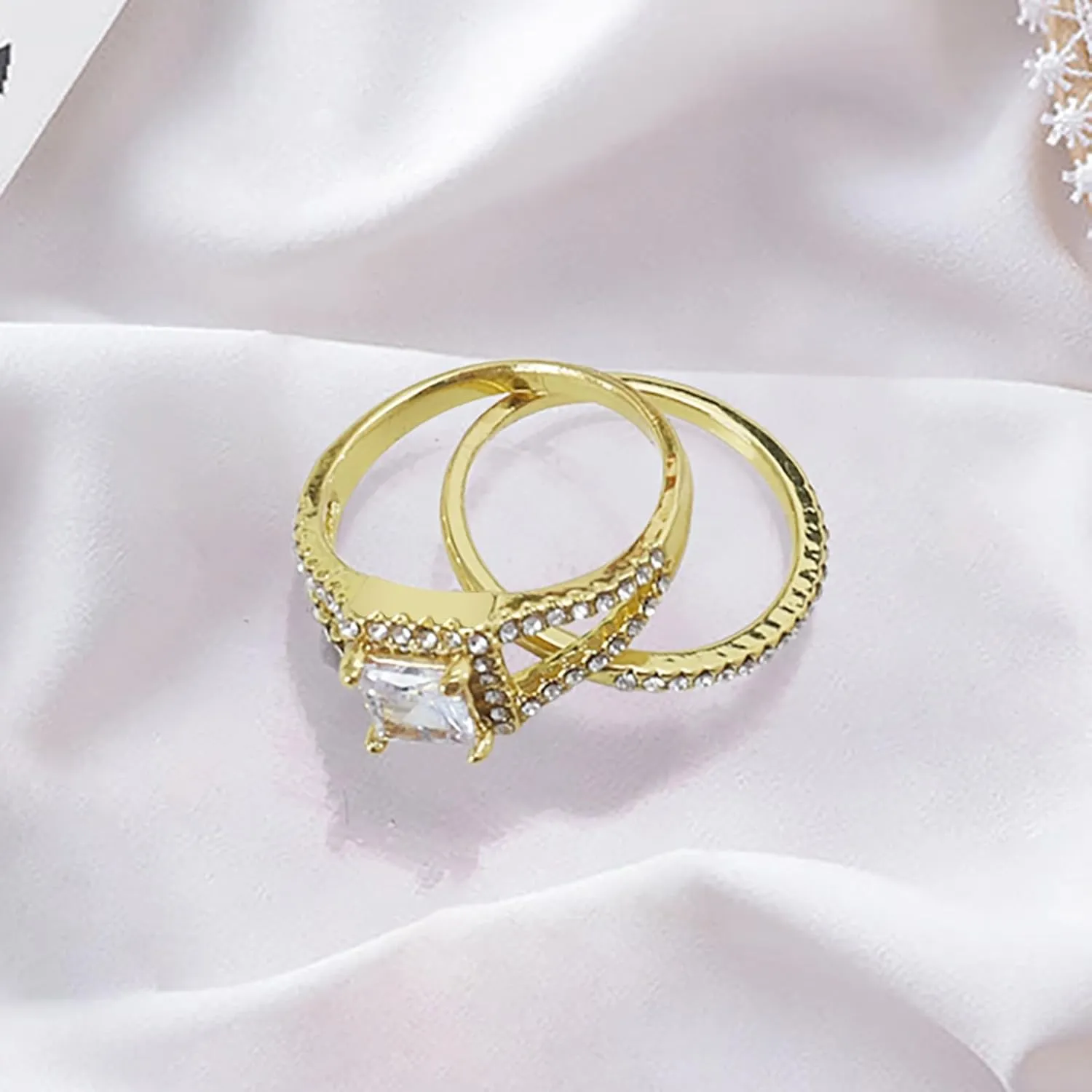 Engagement Wedding Bands Sets for Women,Promise Rings for Couple Classic Gold Plated Gemstone Inlaid Cubic Zirconia Rings