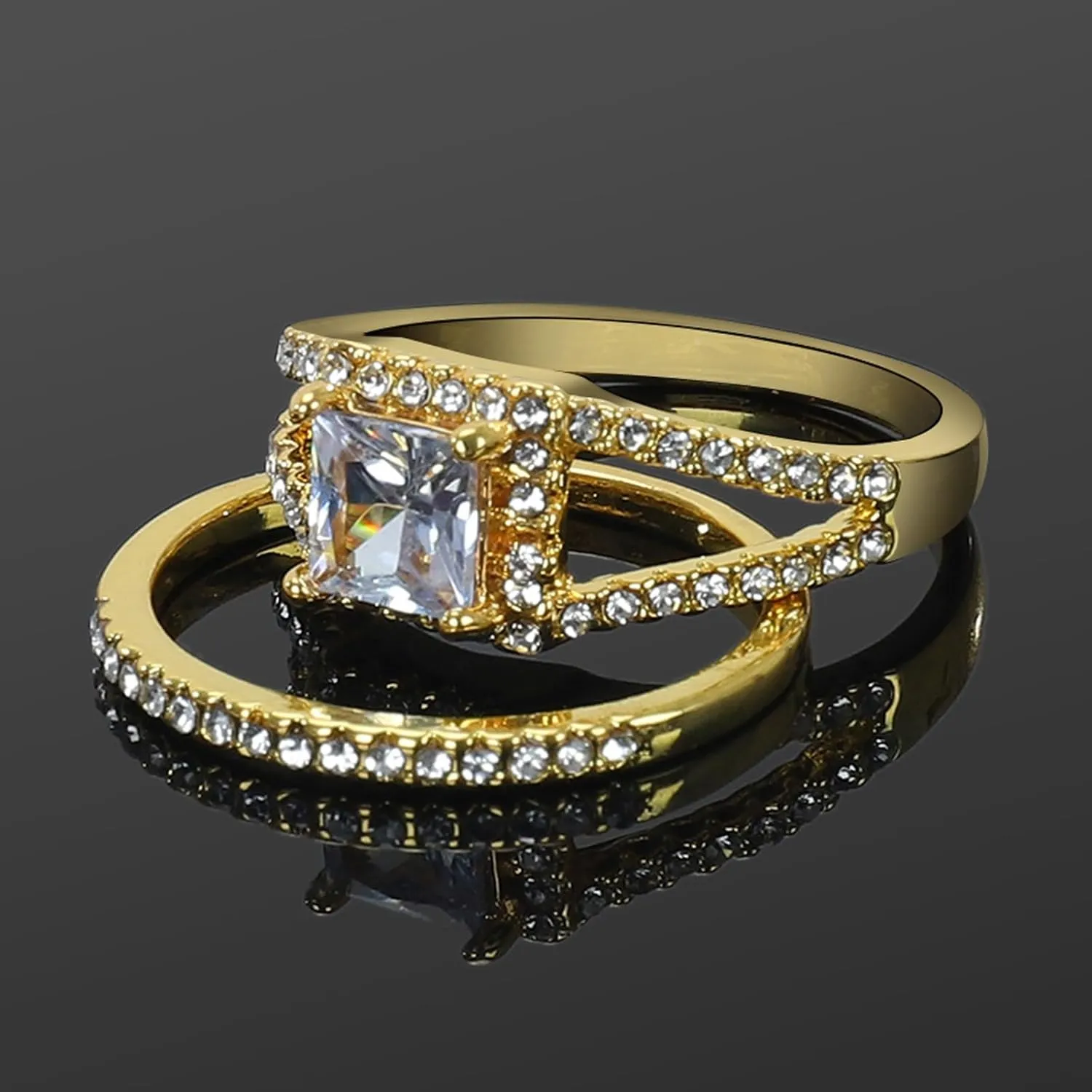 Engagement Wedding Bands Sets for Women,Promise Rings for Couple Classic Gold Plated Gemstone Inlaid Cubic Zirconia Rings
