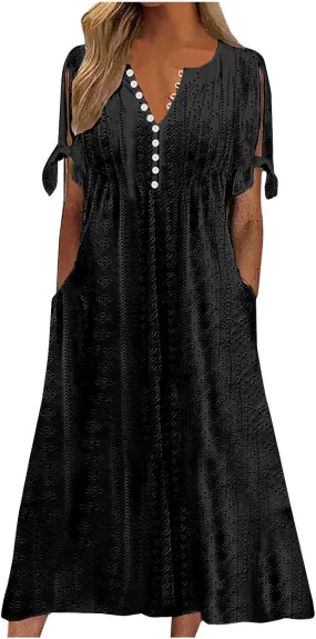 Eyelet Dress for Women 2025 Trendy Short Sleeve Eyelet Maxi Long Dress Casual Summer Beach Vacation Sundress