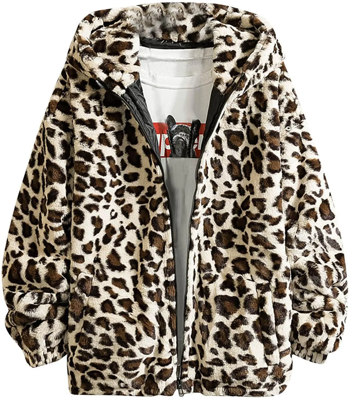 Faux Fur Jackets for Men Winter Coats Zip Up Hoodie Jacket Leopard Plush Fleece Overcoats Light Cardigan Sweaters