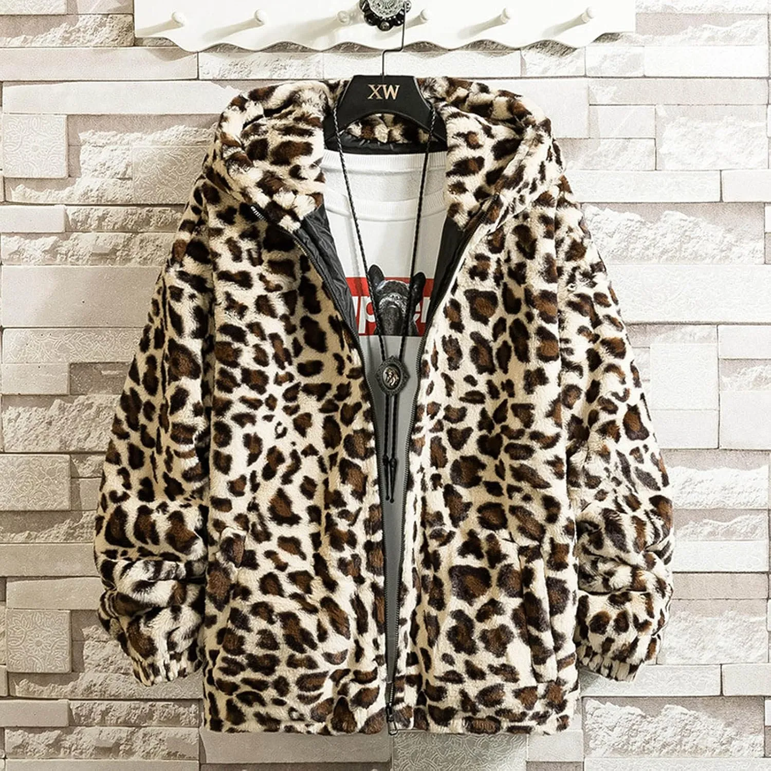 Faux Fur Jackets for Men Winter Coats Zip Up Hoodie Jacket Leopard Plush Fleece Overcoats Light Cardigan Sweaters