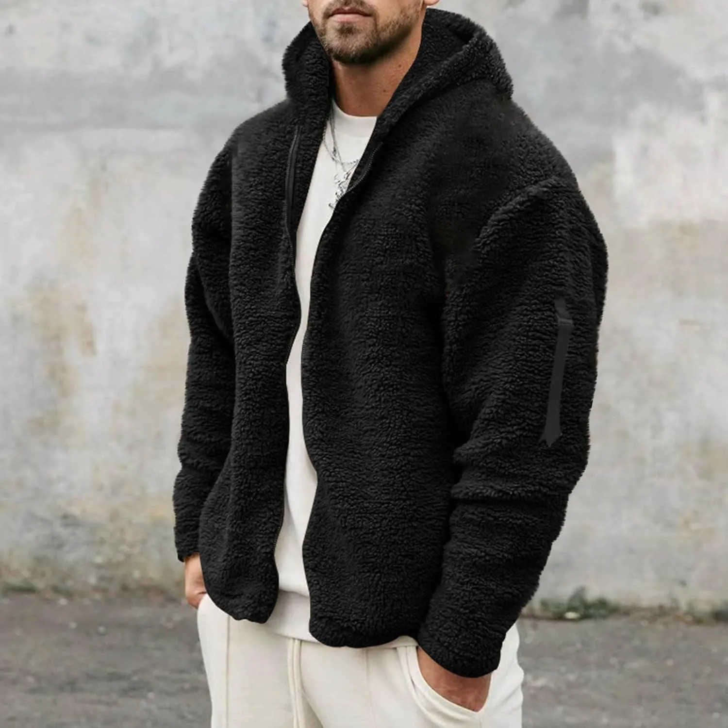 Flannel Jacket for Men Winter Outdoor Warm Fleece Coat with Hood Casual Zip Up Hoodie Plush Sherpa Sweatshirt Outwear