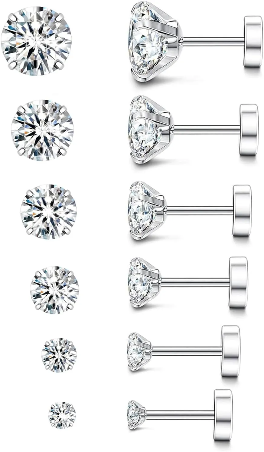Flat Back Earrings for Women Men,Hypoallergenic Screw Back Earrings,Cubic Zirconia Stainless Steel Studs Earring Sets for Cartilage