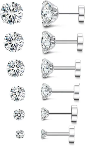 Flat Back Earrings for Women Men,Hypoallergenic Screw Back Earrings,Cubic Zirconia Stainless Steel Studs Earring Sets for Cartilage