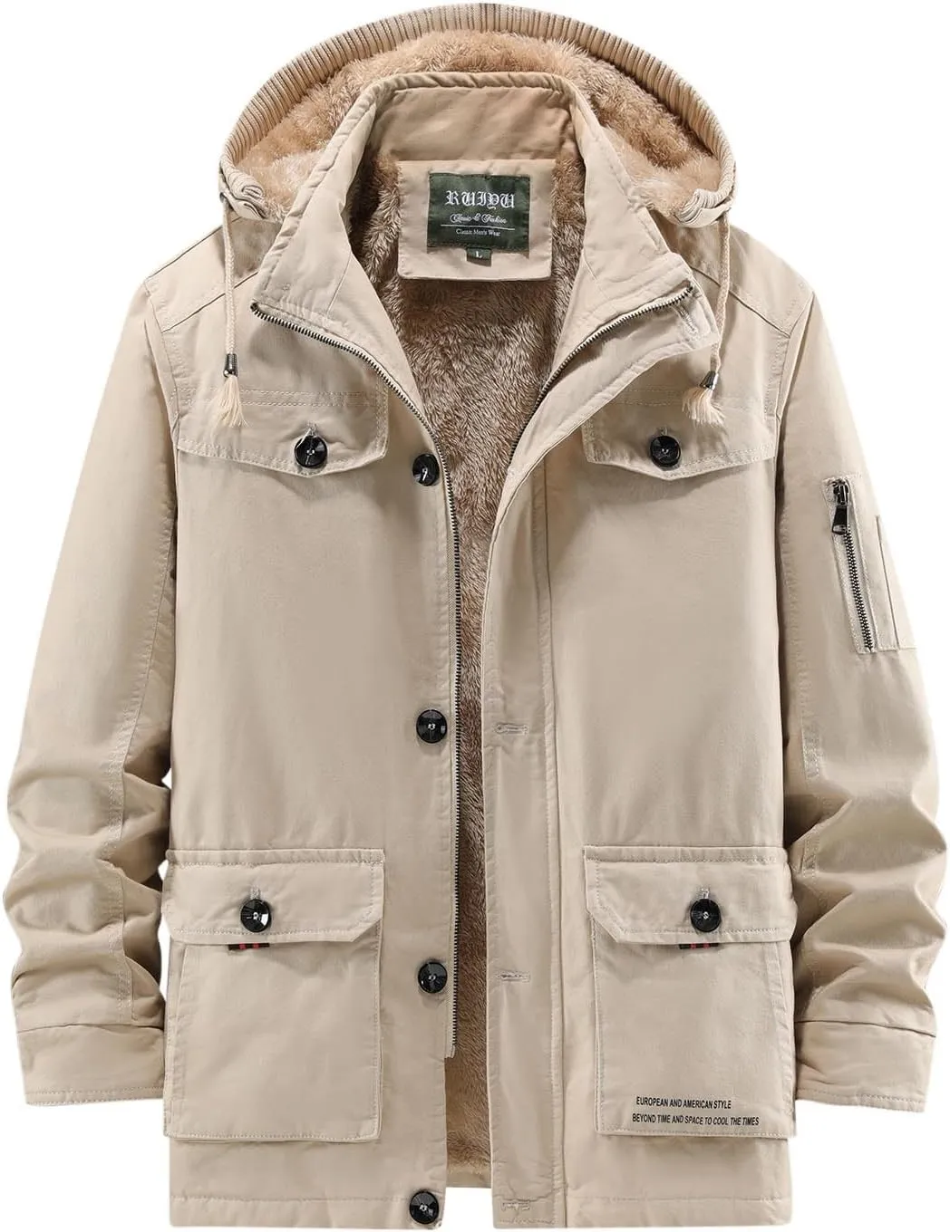 Fleece Jacket Men Winter Warm Plush Lined Sherpa Coats Casual Long Sleeve Hoodies With Pocket Solid Color Zip Outwear