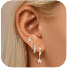 Gold Dangle Earrings Set For Women,14k Gold Plated Square Hoop Earrings Stack,Trendy Earring Sets For Multiple Piercing,Dainty Non Tarnish Star Stackable Earring Jewelry For Sensitive Ears