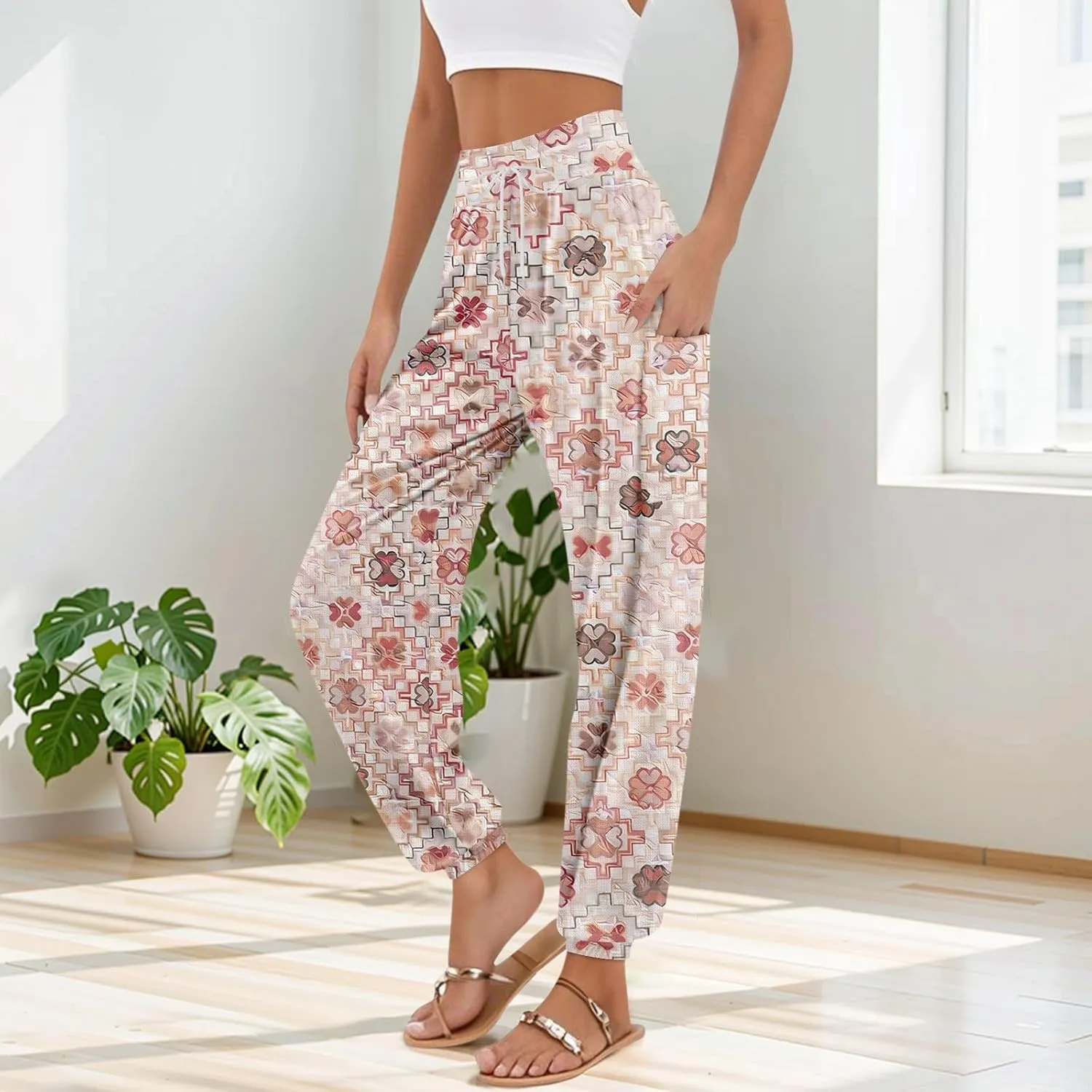 Harem Pants for Women Elastic Casual Summer Pants Harem Floral Print Trouser High Waisted Pockets Trendy Clothes