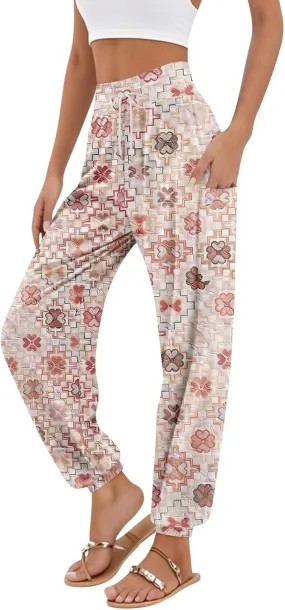 Harem Pants for Women Elastic Casual Summer Pants Harem Floral Print Trouser High Waisted Pockets Trendy Clothes