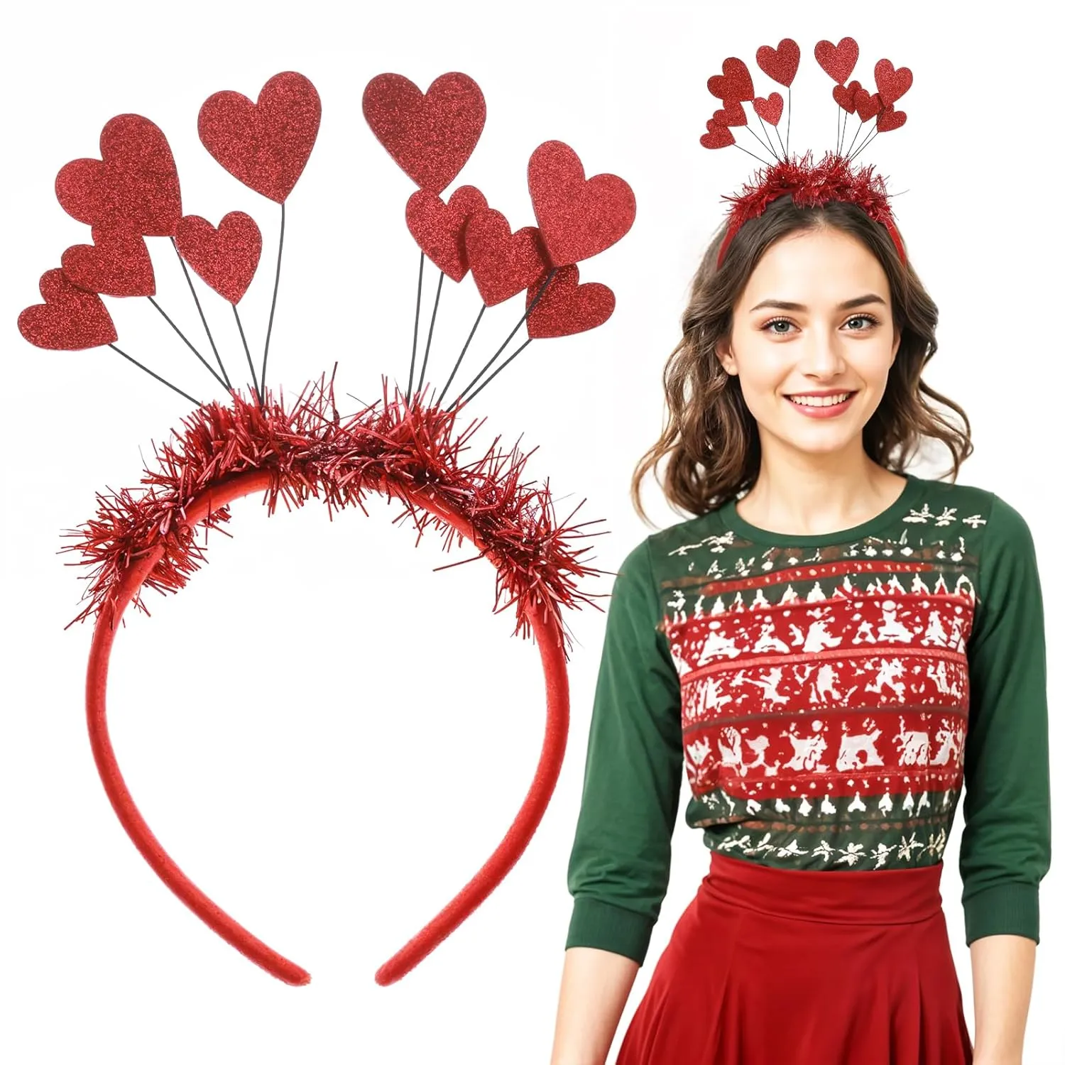 Heart Headband Red Head Bopper Glitter Heart Shaped Hair Band Sequin Love Tinsel Hair Accessories for Women Wedding Birthday Party Decorations
