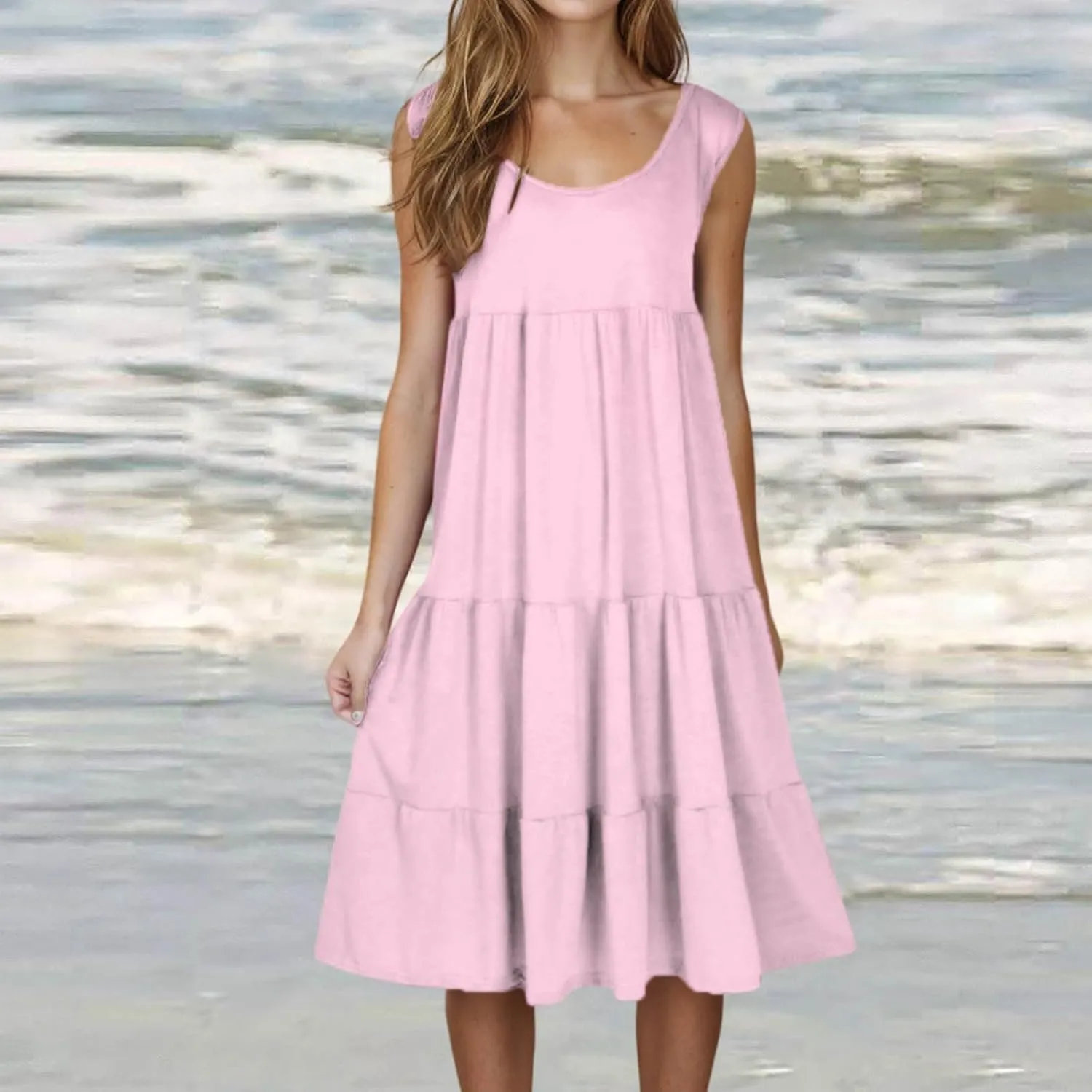 hlysgo Short Dresses for Women 2025 Casual Loose Fit Beach Vacation Peplum Sundress Summer Sleeveless Crew Neck Mini Dress