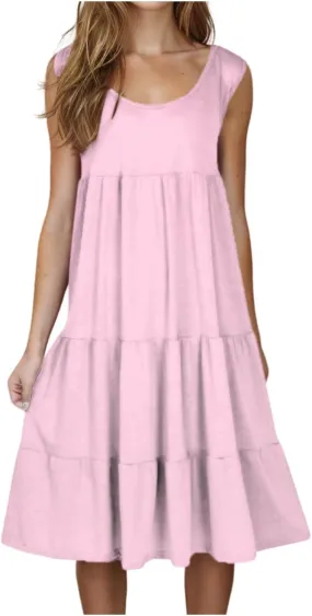 hlysgo Short Dresses for Women 2025 Casual Loose Fit Beach Vacation Peplum Sundress Summer Sleeveless Crew Neck Mini Dress