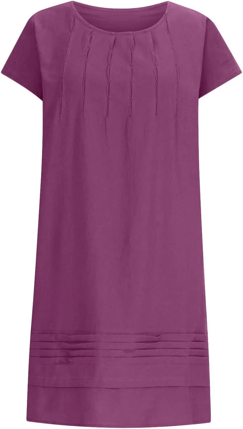 hlysgo Womens Casual Dresses 2025 Summer Loose Comfy Cotton Linen Pleated Dress Solid Short Sleeve Crew Neck Mini Dress
