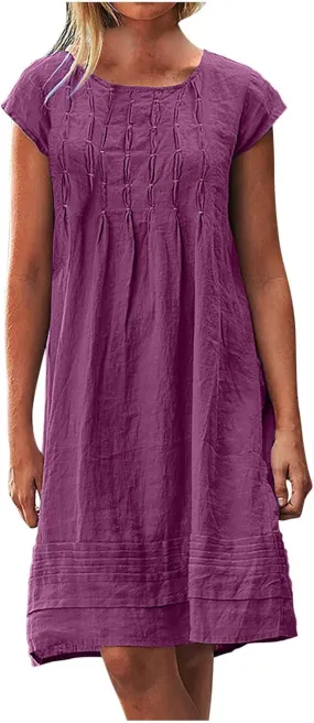 hlysgo Womens Casual Dresses 2025 Summer Loose Comfy Cotton Linen Pleated Dress Solid Short Sleeve Crew Neck Mini Dress