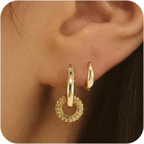 Hoop Earrings Set for Women,14K Gold/Silver Plated Huggie Earrings Trendy Chunky Gold Earrings Lightweight Small Gold Hoop Earrings CZ Stackable Earrings Jewelry