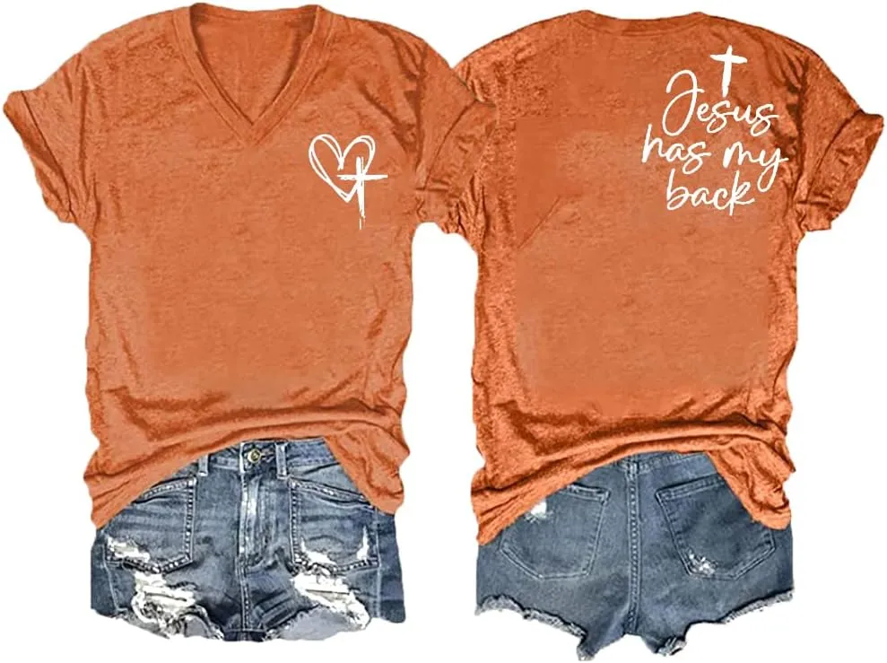 Jesus Has My Back Tee Womens Plus Size Faith in Jesus V Neck Christian Inspirational Graphic Top