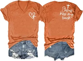 Jesus Has My Back Tee Womens Plus Size Faith in Jesus V Neck Christian Inspirational Graphic Top