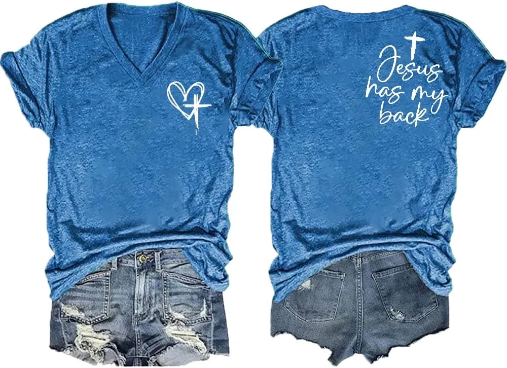 Jesus Has My Back Tee Womens Plus Size Faith in Jesus V Neck Christian Inspirational Graphic Top