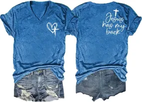 Jesus Has My Back Tee Womens Plus Size Faith in Jesus V Neck Christian Inspirational Graphic Top