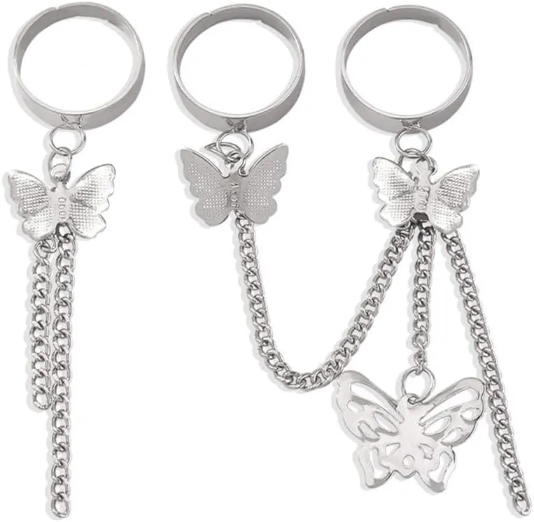Jumwrit Punk Chain Rings Set Bohemian Butterfly Rings Silver Knuckle Rings Stackable Finger Rings Adjustable Midi Rings for Women (3PCS)