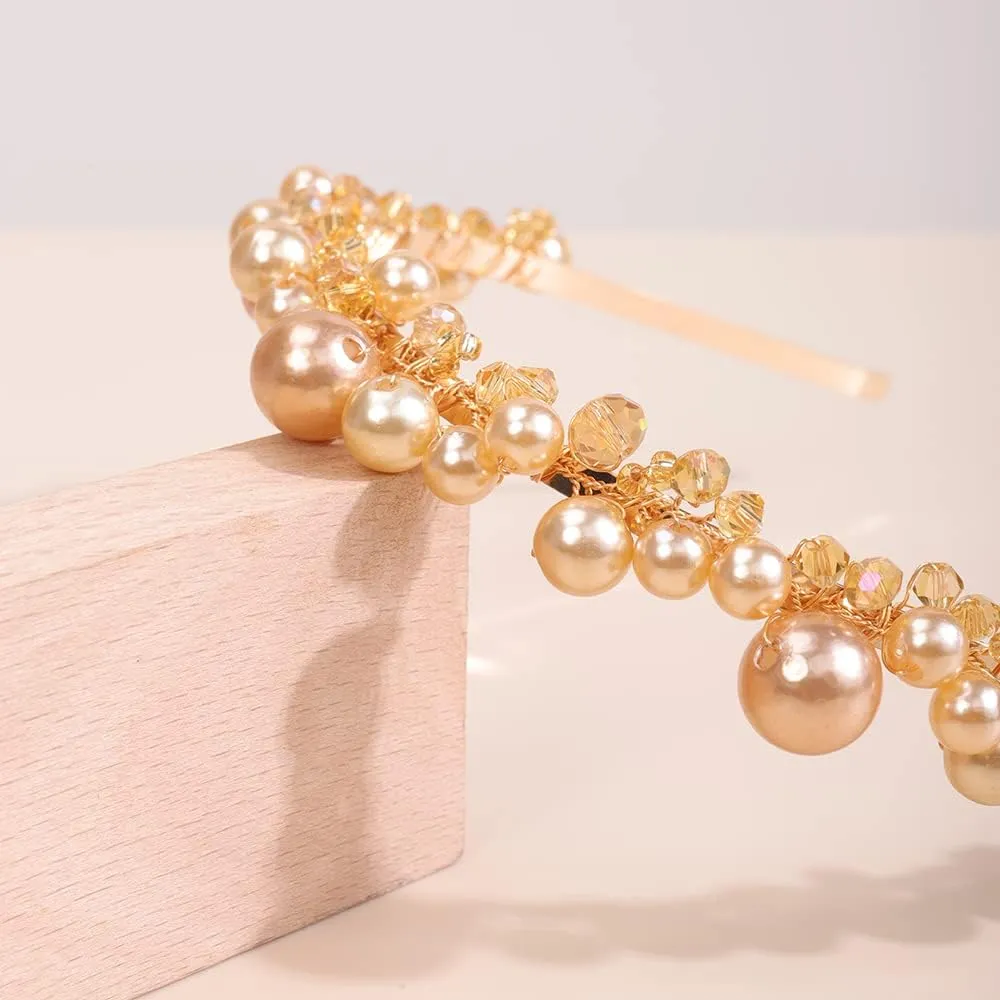 JWICOS Bridal Headband Pearl Tiara for Women Rhinestone Wedding Hair Accessories Headpieces for Brides and Bridesmaid