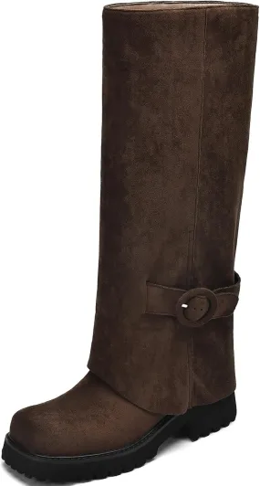 Knee High Boots Women Platform Knee High Boots for Women Square Toe Fold Over Dress Long Tall Boots