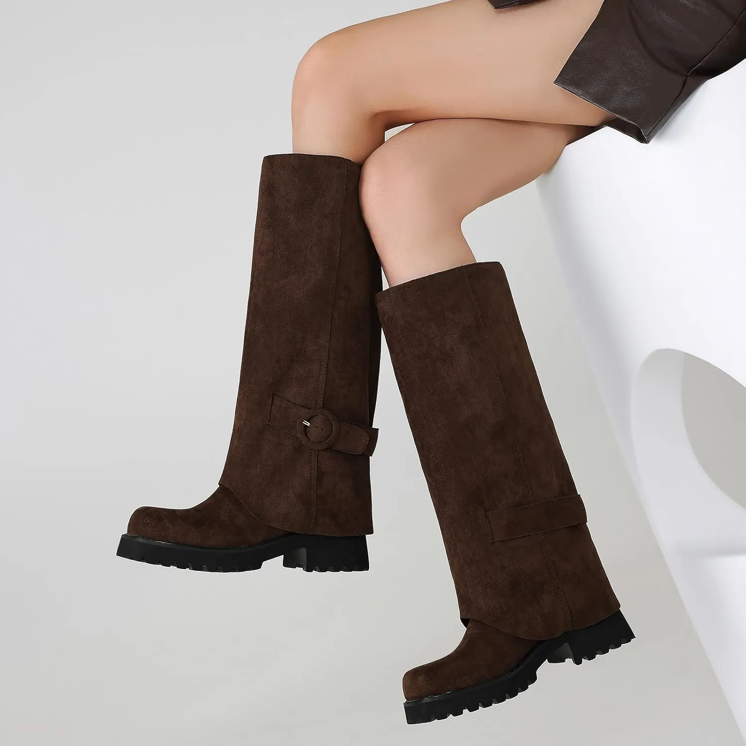 Knee High Boots Women Platform Knee High Boots for Women Square Toe Fold Over Dress Long Tall Boots
