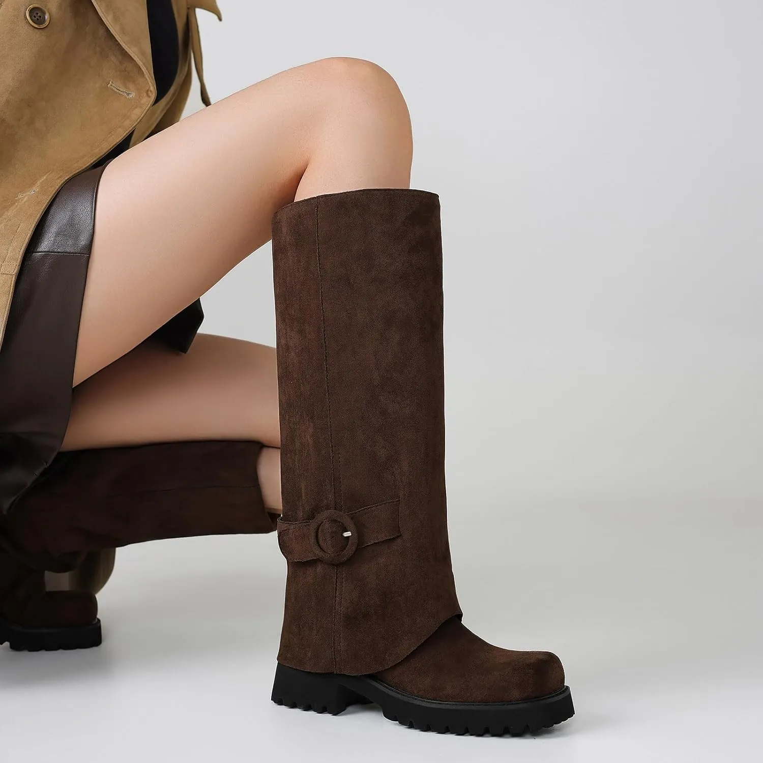 Knee High Boots Women Platform Knee High Boots for Women Square Toe Fold Over Dress Long Tall Boots