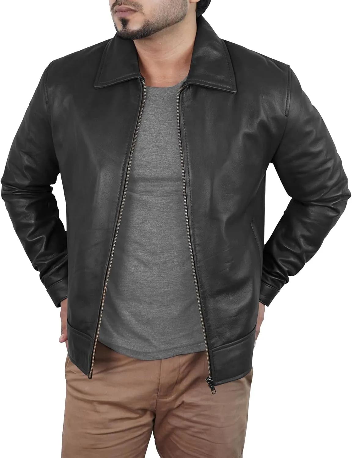 Leather Jacket Men - Polo Collar Vintage Shirt Style Real Lambskin Men Leather Jacket