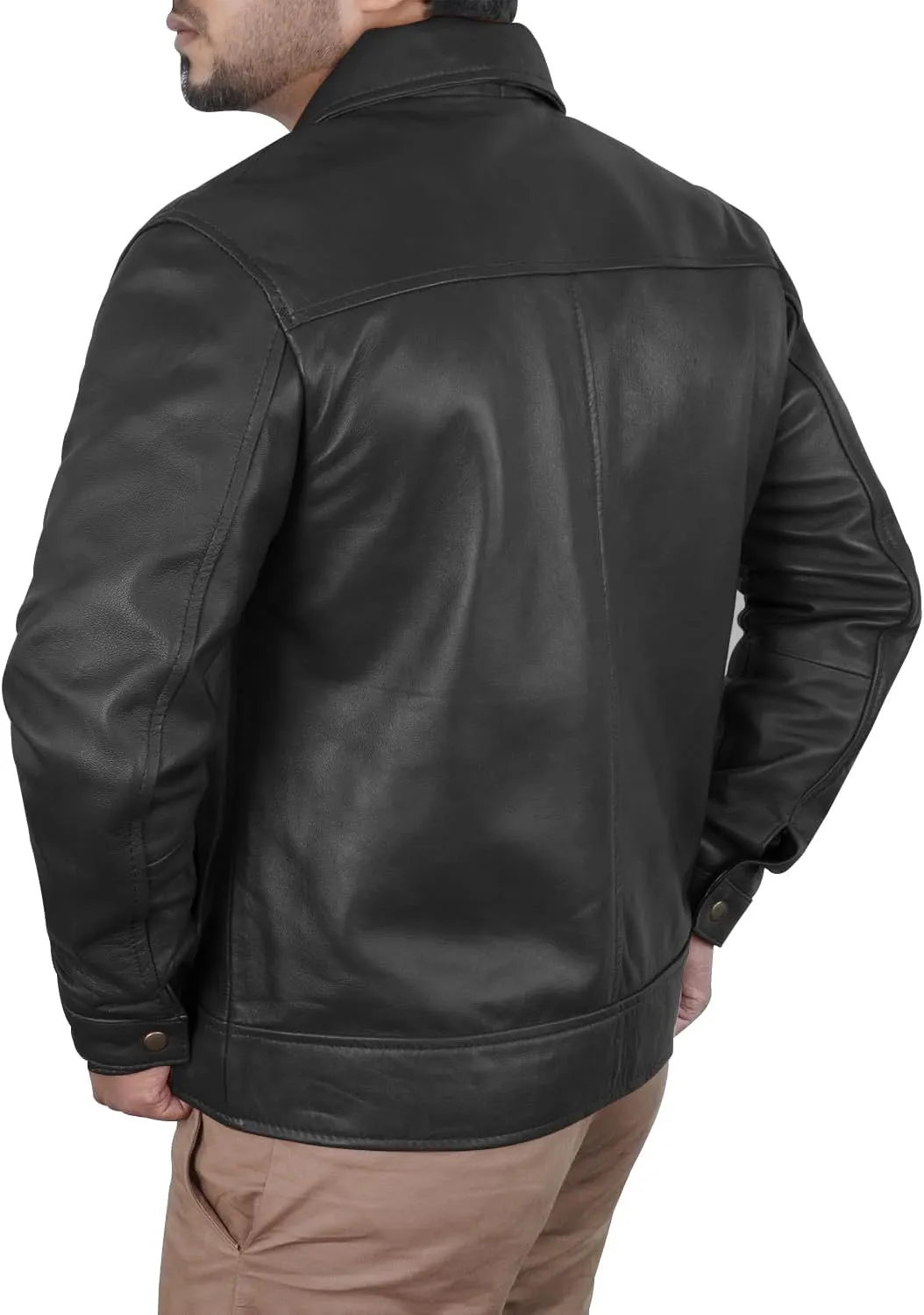 Leather Jacket Men - Polo Collar Vintage Shirt Style Real Lambskin Men Leather Jacket