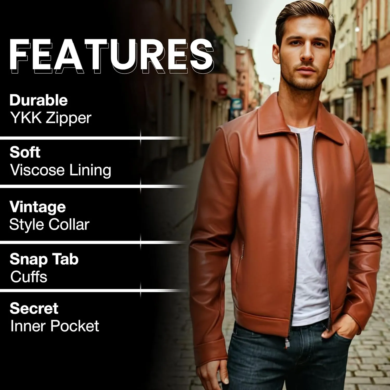 Leather Jacket Men - Polo Collar Vintage Shirt Style Real Lambskin Men Leather Jacket