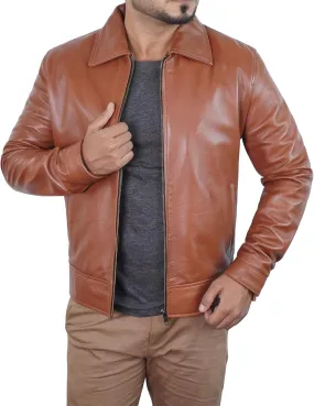 Leather Jacket Men - Polo Collar Vintage Shirt Style Real Lambskin Men Leather Jacket