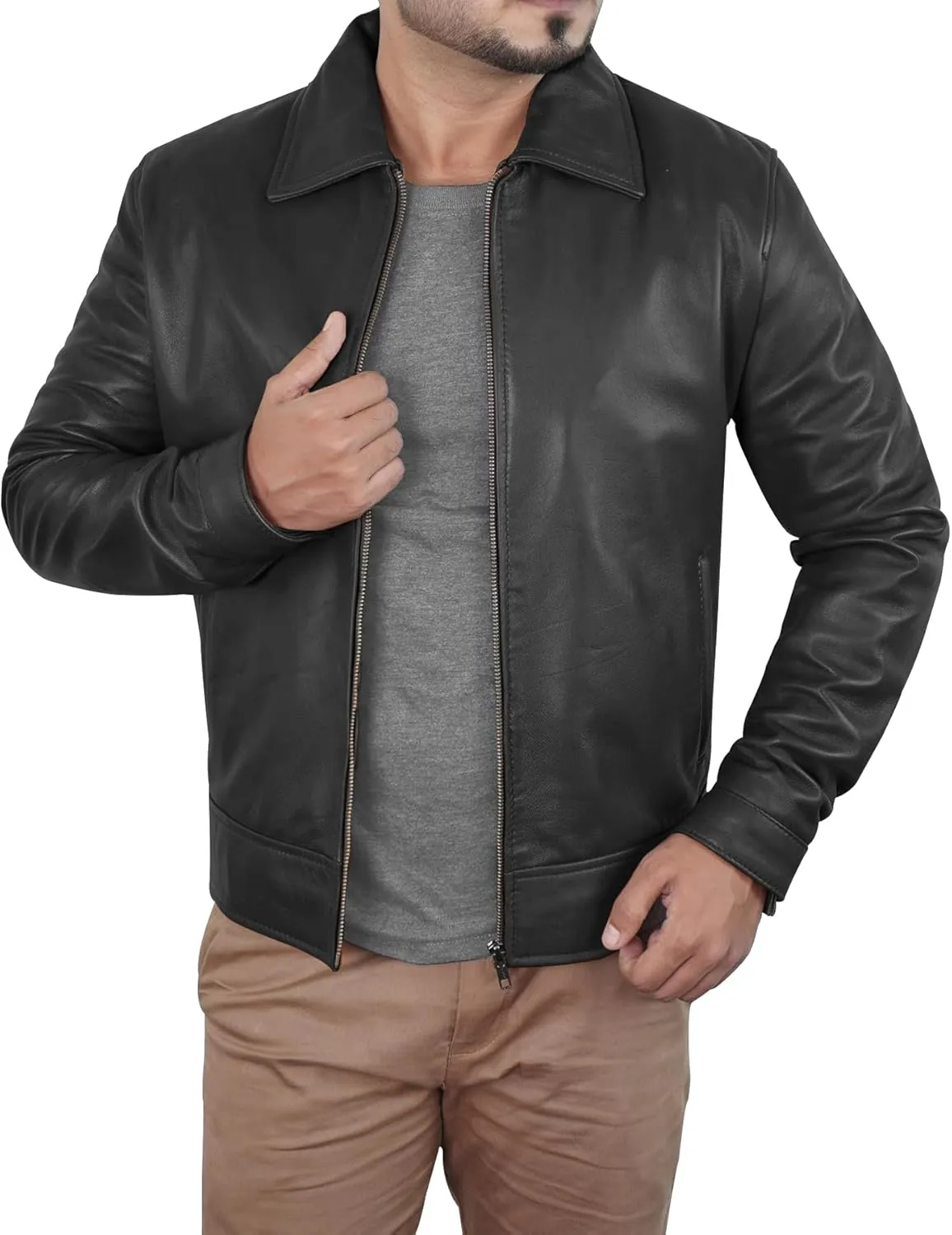 Leather Jacket Men - Polo Collar Vintage Shirt Style Real Lambskin Men Leather Jacket