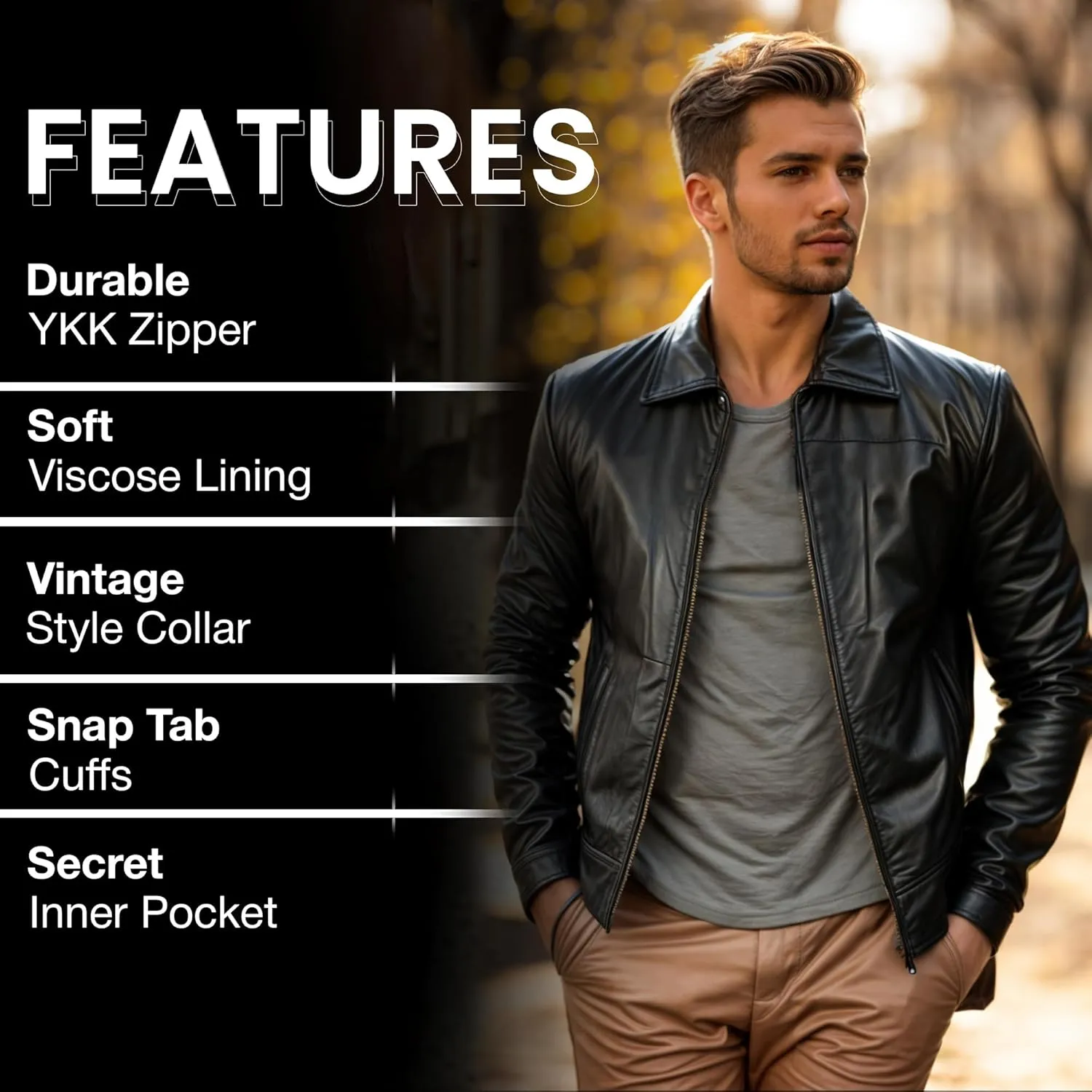 Leather Jacket Men - Polo Collar Vintage Shirt Style Real Lambskin Men Leather Jacket